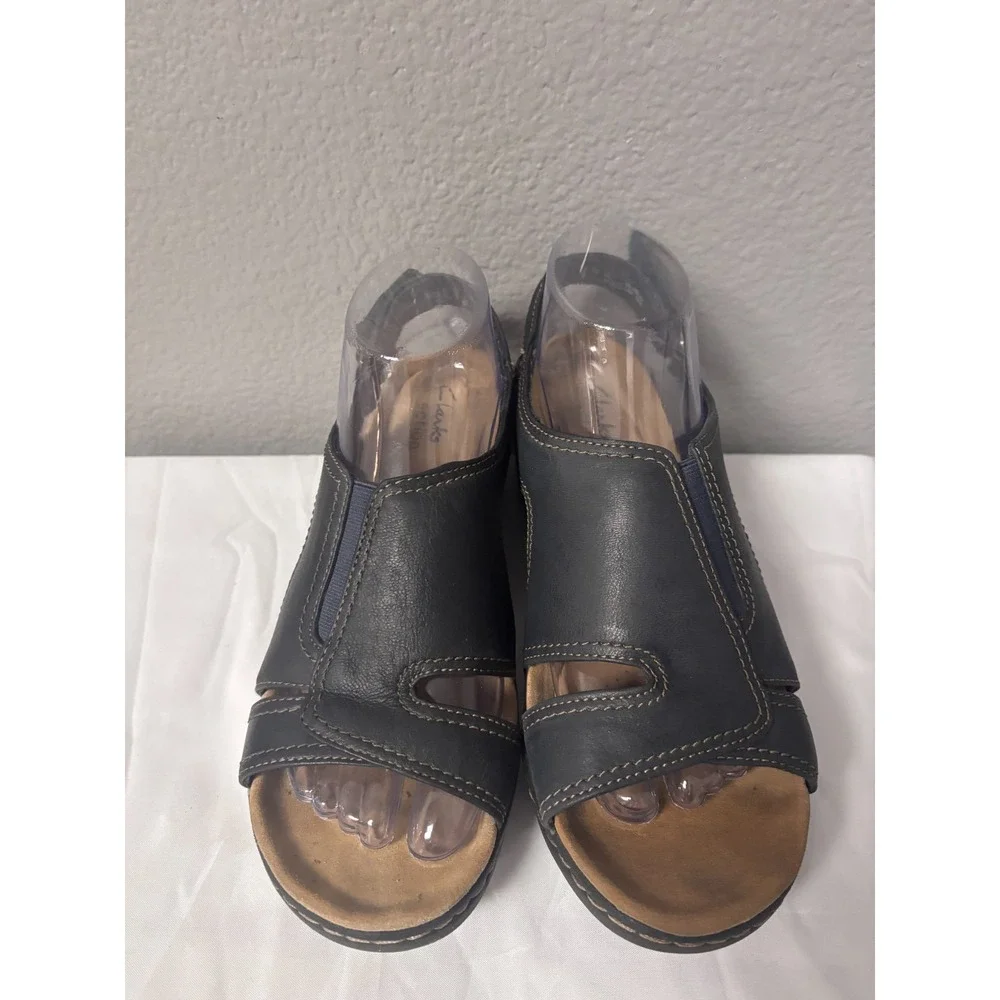 Clarks Womens 9M Merliah Wedge Sandals Black Leather Comfort Casual Summer